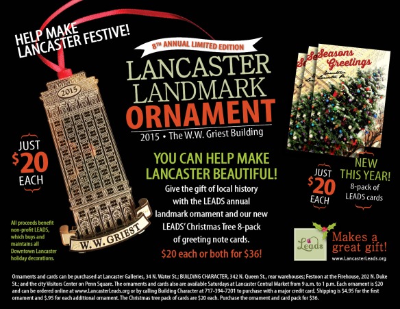 Ornaments and cards can be purchased at Lancaster Galleries, 34 N. Water St.; BUiLDiNG CHARACTER, 342 N. Queen St., rear warehouses; Festoon at the Firehouse, 202 N. Duke St.; and the city Visitors Center on Penn Square. The ornaments and cards also are available Saturdays at Lancaster Central Market from 9 a.m. to 1 p.m. 